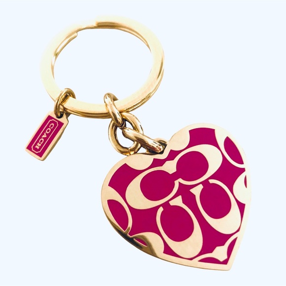 Rare Retired COACH PINK Signature Enamel Heart Keychain FOB Purse Charm - Picture 1 of 5